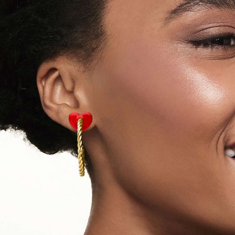 Italian Red Enamel Heart Twisted C-Hoop Earrings in 18kt Gold Over Sterling. 1 1/4&quot; image number 1