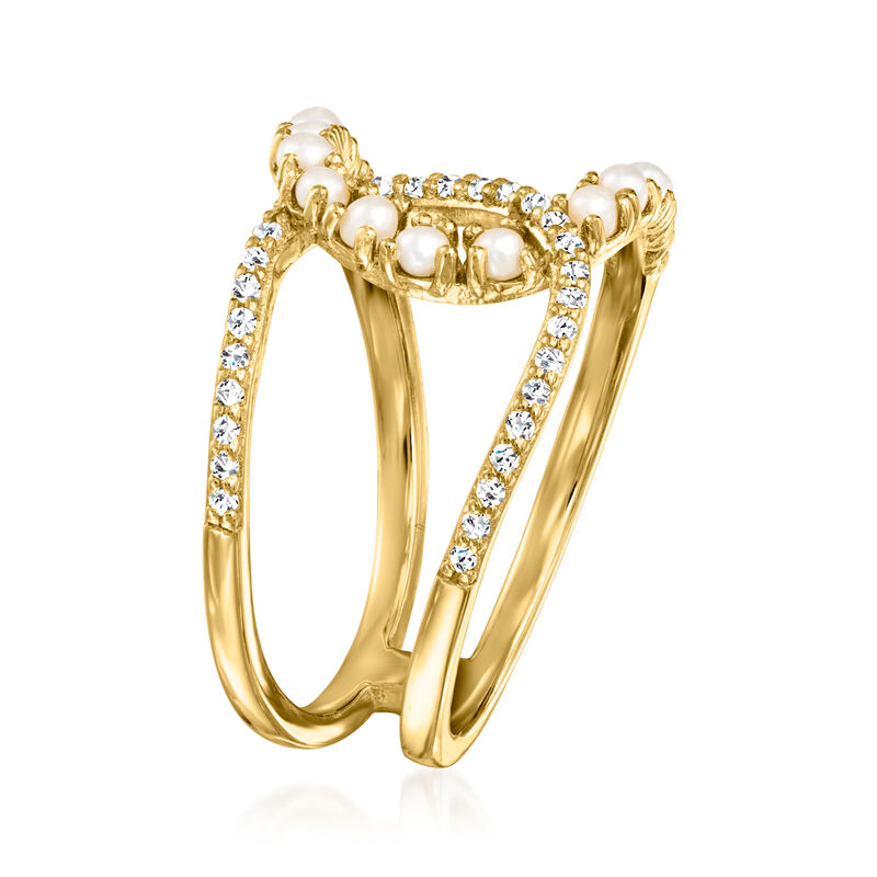 1.75-2.25mm Cultured Pearl and .10 ct. t.w. White Topaz Horseshoe Ring in 18kt Gold Over Sterling image number 2