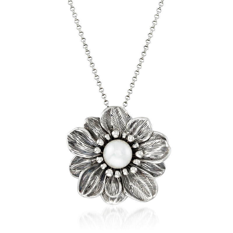 12mm Cultured Pearl Flower Pendant Necklace in Sterling Silver image number 0