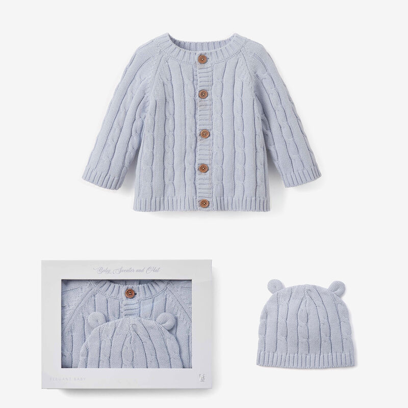 Elegant Baby Blue Cotton Cable Knit Sweater and Hat Set image number 0