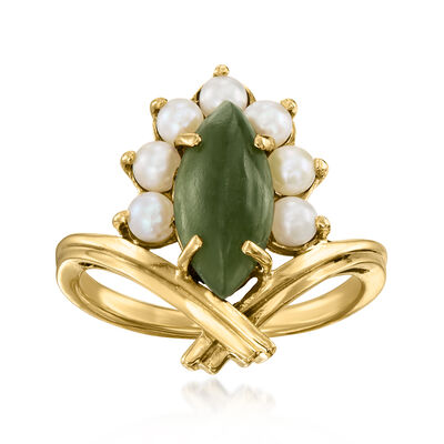 C. 1970 Vintage Nephrite Ring with 2.8mm Cultured Pearls in 10kt Yellow Gold