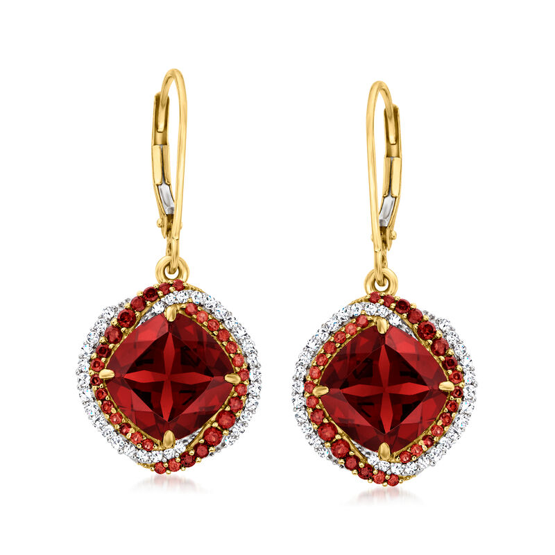8.50 ct. t.w. Garnet and .32 ct. t.w. Diamond Drop Earrings in 14kt Yellow Gold image number 0