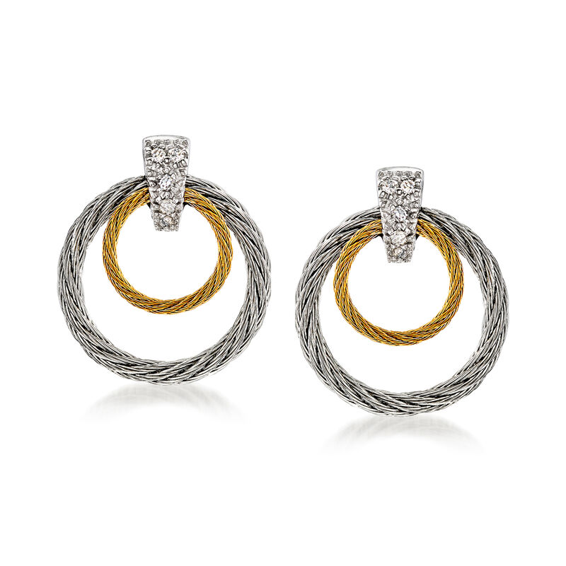 ALOR &quot;Classique&quot; Two-Tone Double Hoop Stainless Steel Cable Earrings with Diamond Accents and 18kt White Gold image number 0