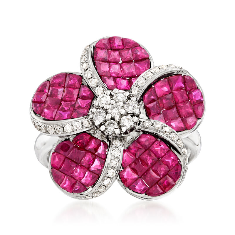 3.00 ct. t.w. Ruby and .35 ct. t.w. Diamond Flower Ring in 18kt White Gold image number 0