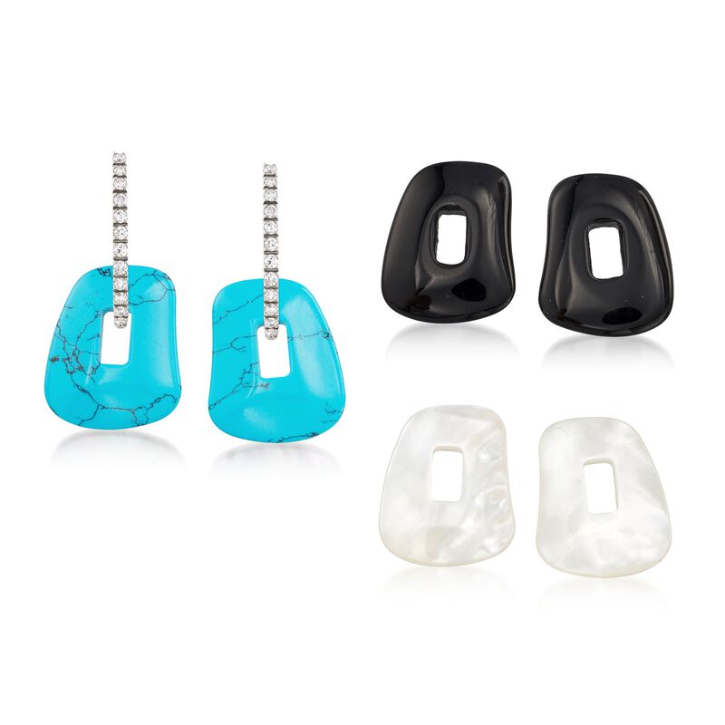 Mattioli &quot;Puzzle&quot; .34 ct. t.w. Diamond Earrings in 18kt White Gold with Three Interchangeable Drops: Black Onyx, Turquoise and Mother-Of-Pearl. 7/8&quot; image number 0