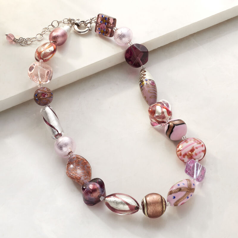 Italian Pink and Purple Murano Glass Bead Necklace with Sterling Silver. 18&quot; image number 3