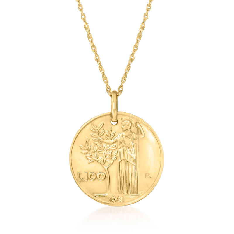 Italian 14kt Yellow Gold Reversible Replica 100-Lira Coin Pendant Necklace in 14kt Yellow Gold image number 2