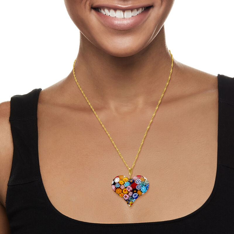 Italian Multicolored Murano Glass Mosaic Heart Pendant Necklace in 18kt Gold Over Sterling image number 1