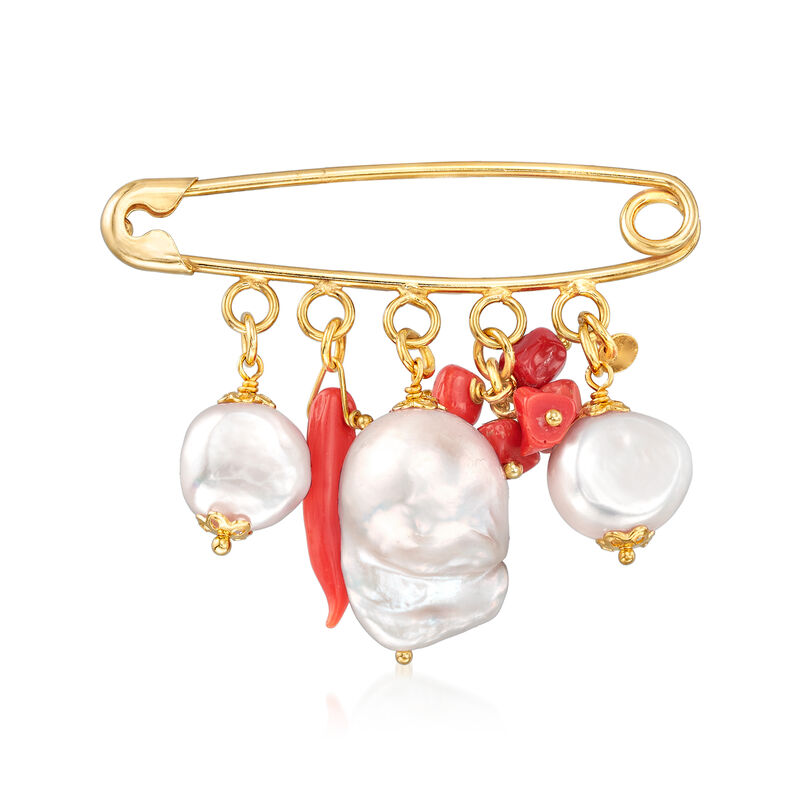 Italian 20x14mm and 11-12mm Cultured Pearl and Coral Drop Safety Pin in 18kt Gold Over Sterling image number 0