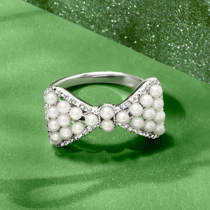2-2.5mm Cultured Pearl and .10 ct. t.w. Diamond Bow Ring in Sterling Silver image number 3