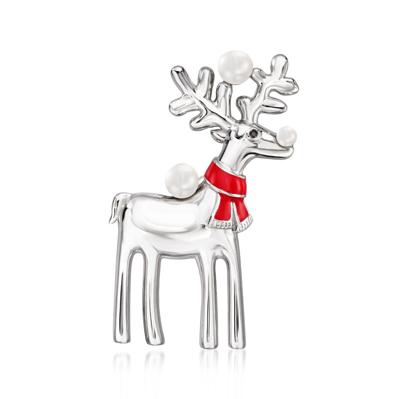 2-4mm Cultured Pearl and Red Enamel Reindeer Pin/Pendant in Sterling Silver with Black Spinel Accent image number 0