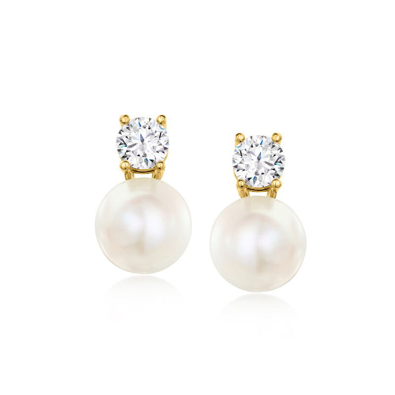 Italian 9.5-10mm Cultured Pearl and 1.50 ct. t.w. CZ Drop Earrings in 18kt Gold Over Sterling image number 0