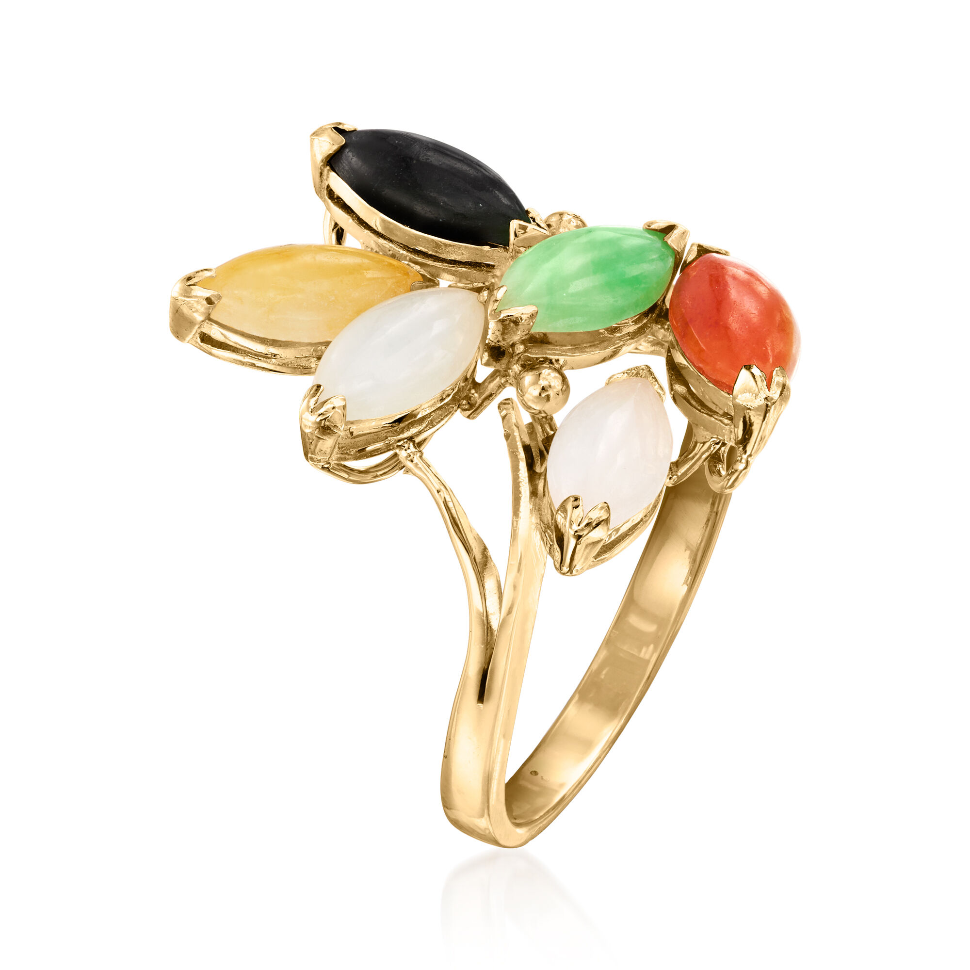 C. 1980 Vintage Multicolored Jade Ring in 14kt Yellow Gold