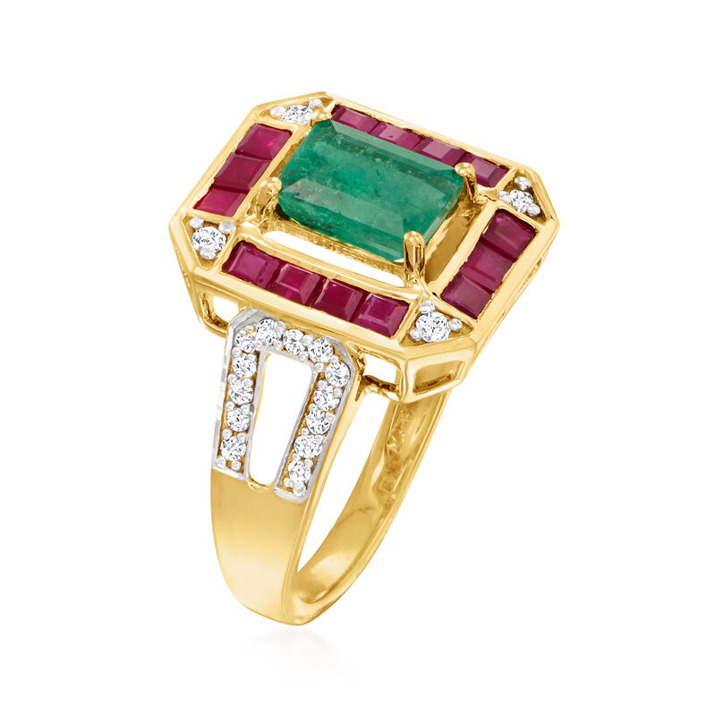 .80 Carat Emerald, .70 ct. t.w. Ruby and .22 ct. t.w. Diamond Ring in 14kt Yellow Gold image number 2