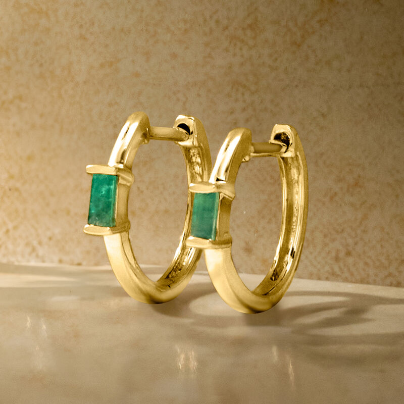 .10 ct. t.w. Emerald Huggie Hoop Earrings in 14kt Yellow Gold. 3/8&quot; image number 2