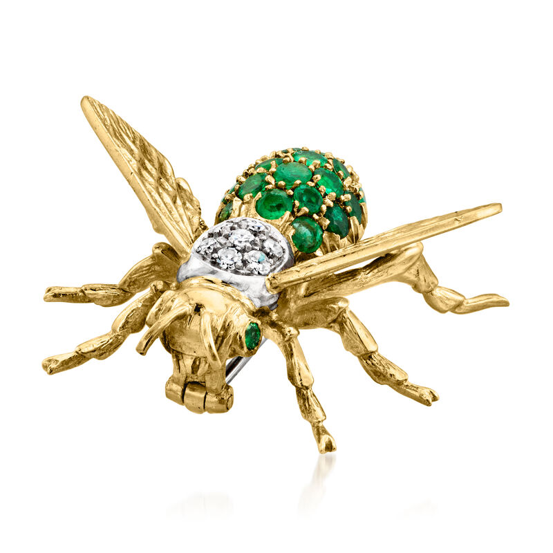 C. 1980 Vintage 2.20 ct. t.w. Emerald Bumblebee Pin with .18 ct. t.w. Diamonds in 18kt Yellow Gold  image number 2