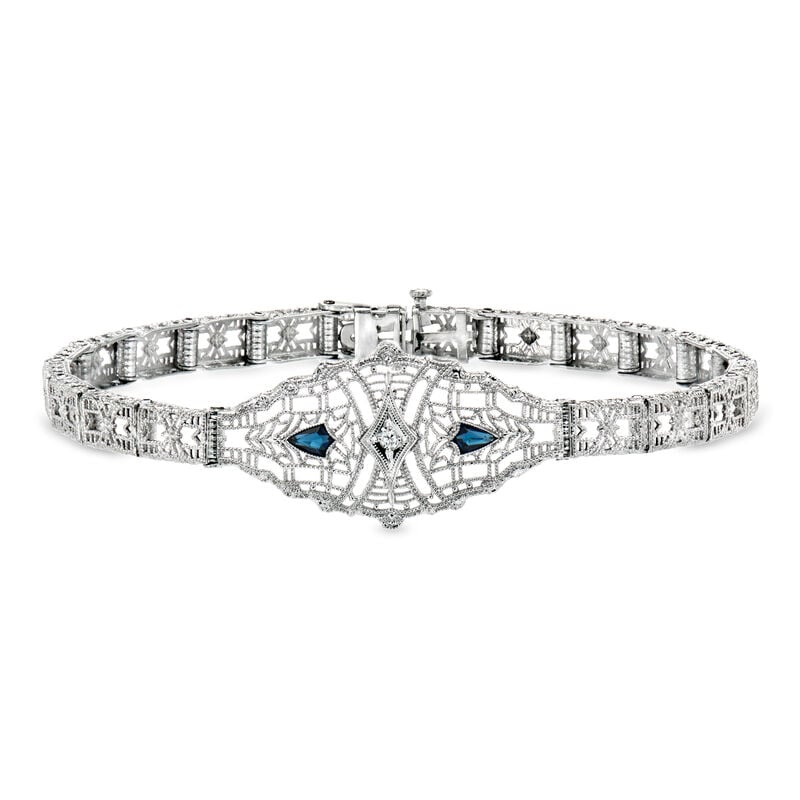 C. 1950 Vintage .15 ct. t.w. Simulated Sapphire Bracelet with Single Diamond in 14kt White Gold. 7" image number 0
