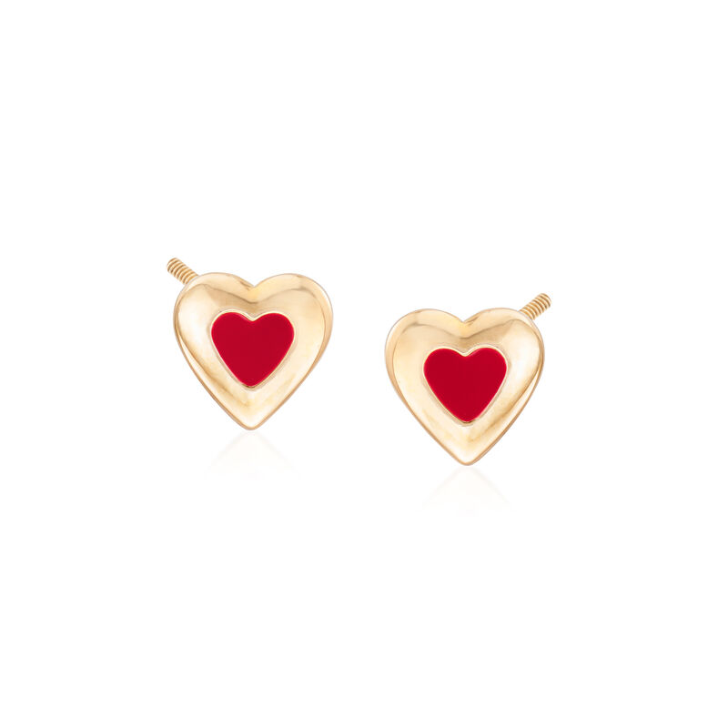 Child's Enamel Heart Earrings in 14kt Yellow Gold image number 0