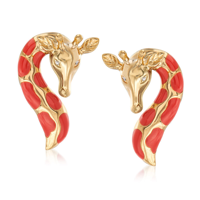 Orange Enamel Giraffe Earrings with Diamond Accents in 18kt Gold Over Sterling image number 0