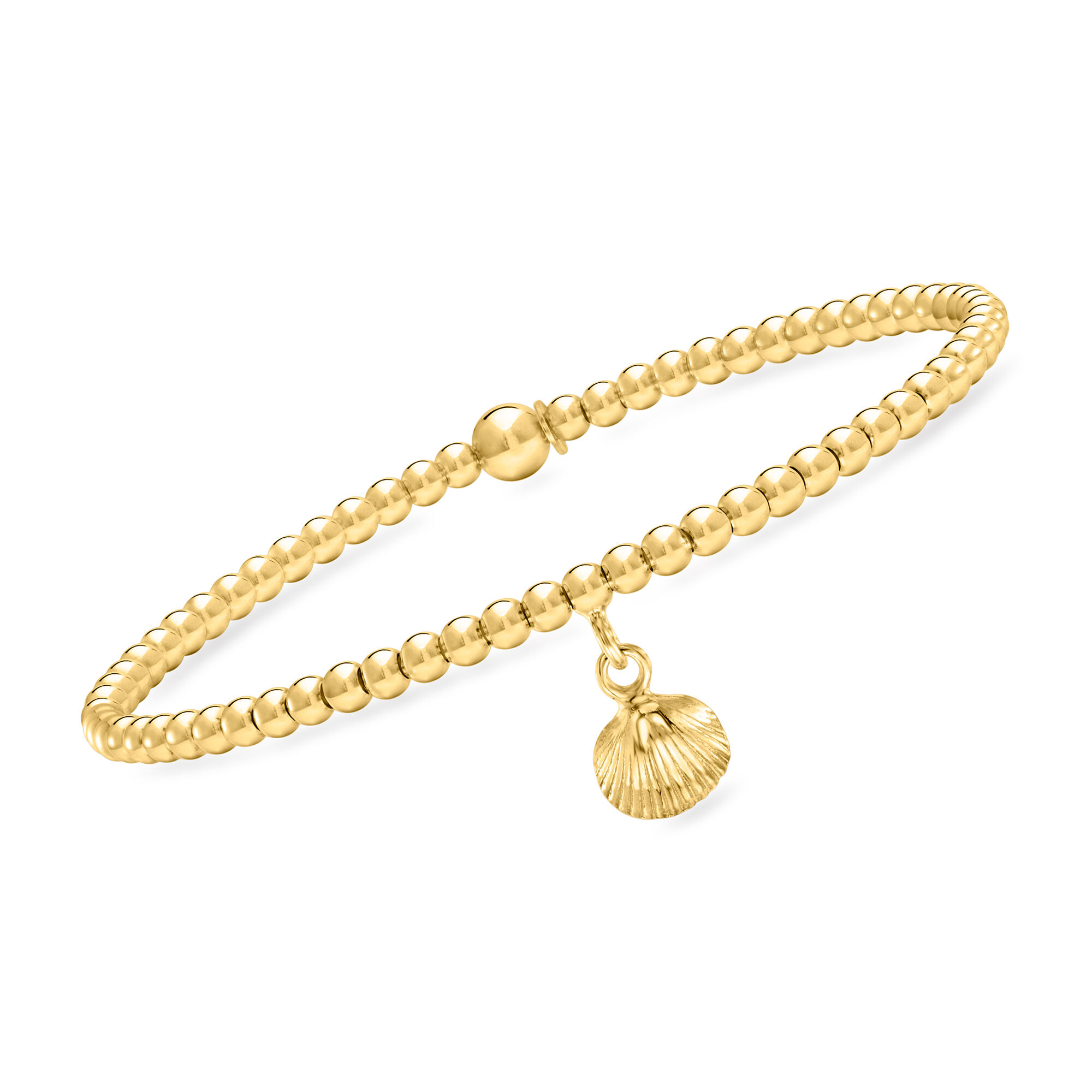 Italian 3mm 18kt Gold Vermeil Bead Stretch Bracelet with Seashell