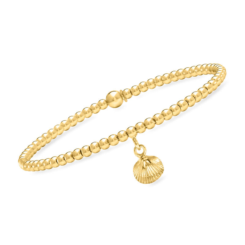 Italian 3mm 18kt Gold Vermeil Stretch Bead Bracelet with Seashell Charm. 8&quot; image number 0