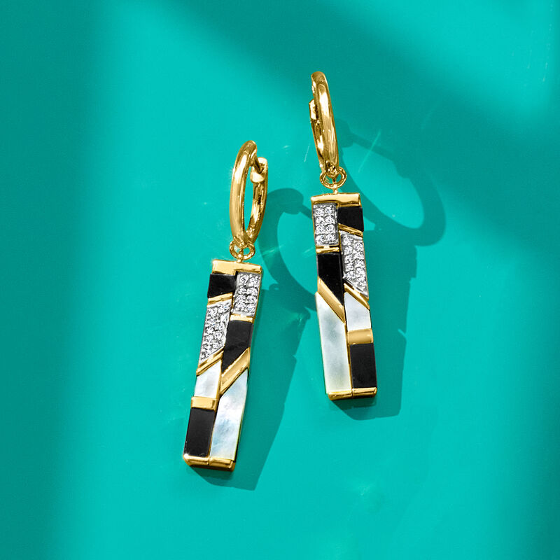 Mother-of-Pearl and Onyx Drop Earrings with .10 ct. t.w. White Topaz in 18kt Yellow Gold Over Sterling image number 3