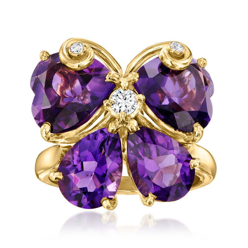 C. 1980 Vintage 8.90 ct. t.w. Amethyst Butterfly Ring with .14 ct. t.w. Diamonds in 18kt Yellow Gold image number 0