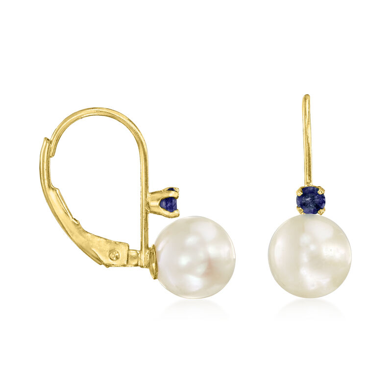 7-7.5mm Cultured Pearl Drop Earrings with .10 ct. t.w. Sapphires in 14kt Yellow Gold  image number 2