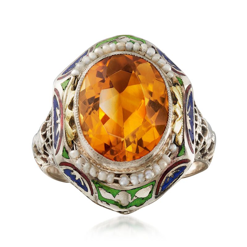 C. 1950 Vintage 4.00 Carat Citrine and Cultured Seed Pearl Ring with Enamel in 14kt Two-Tone Gold image number 0