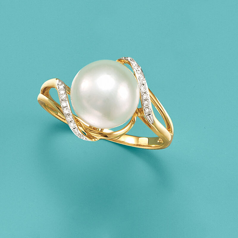10-10.5mm Cultured Pearl Wave Ring with Diamonds in 14kt Yellow Gold image number 3