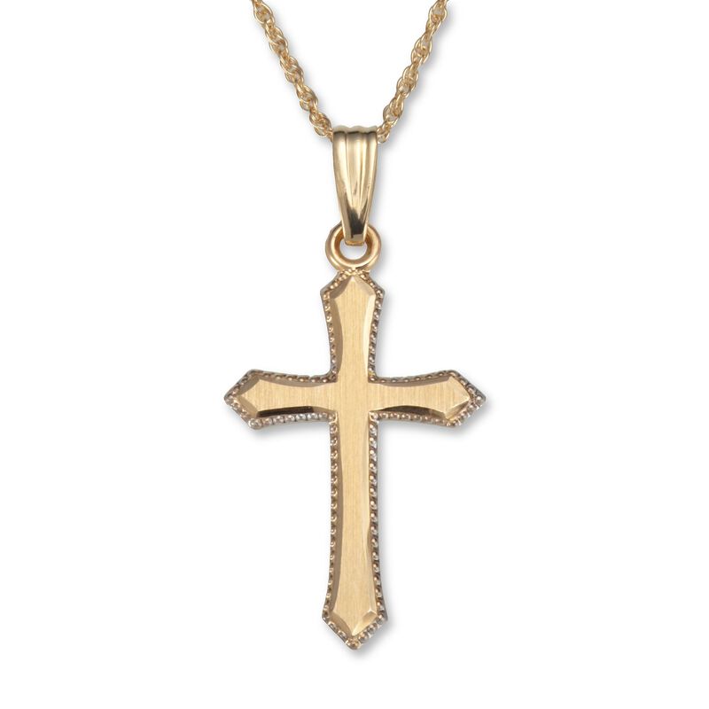 14kt Yellow Gold Engraved Edge Cross Pendant Necklace. 18&quot; image number 1