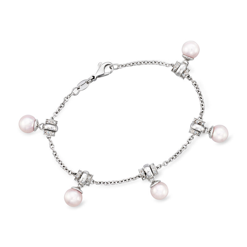C. 1990 Vintage 7mm Cultured Pearl and .60 ct. t.w. Diamond Station Bracelet in 18kt White Gold. 7&quot; image number 0