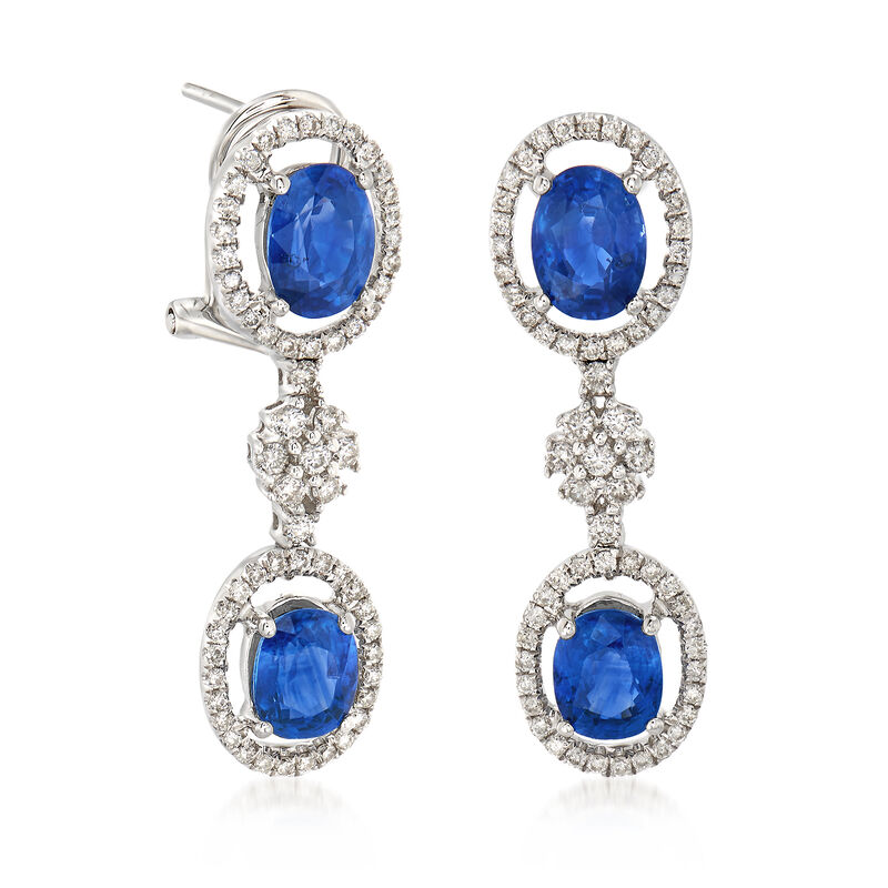 3.40 ct. t.w. Sapphire and .55 ct. t.w. Diamond Drop Earrings in 18kt White Gold image number 2