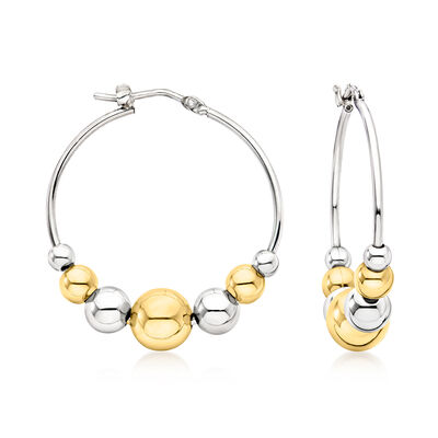 Italian Sterling Silver and 18kt Gold Over Sterling Graduated Bead Hoop Earrings