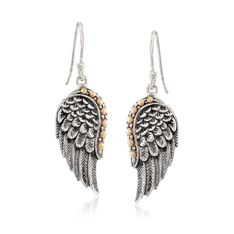 Two-Tone Sterling Silver Feathered Wing Drop Earrings image number 0