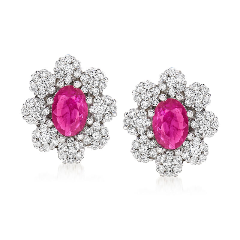 2.00 ct. t.w. Ruby and 1.00 ct. t.w. Diamond Flower Earrings in 14kt White Gold image number 0