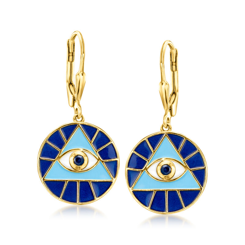 .10 ct. t.w. Sapphire Evil Eye Drop Earrings with White and Blue Enamel in 18kt Gold Over Sterling image number 0