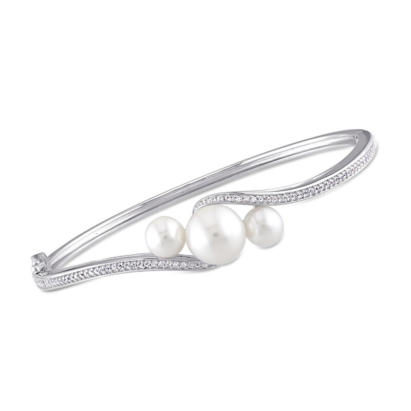 6-9.5mm Cultured Pearl and .80 ct. t.w. Simulated White Sapphire Bypass Bangle Bracelet in Sterling Silver image number 0