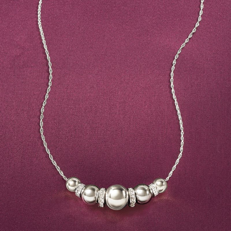 6-10mm Sterling Silver Bead Necklace with .20 ct. t.w. Diamonds image number 2