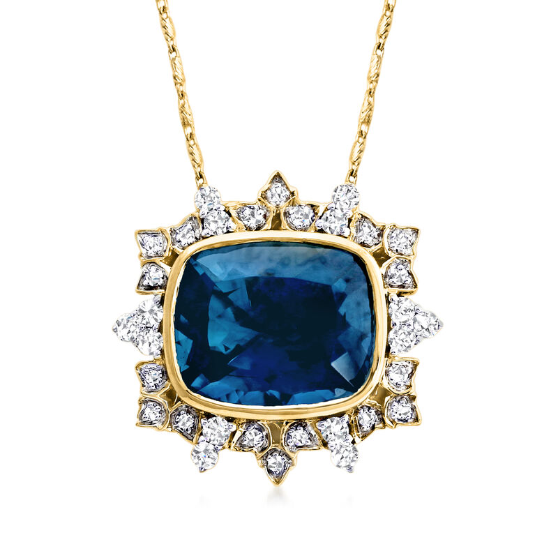 6.75 Carat London Blue Topaz and .28 ct. t.w. Diamond Pendant Necklace in 14kt Yellow Gold. 16&quot; image number 0
