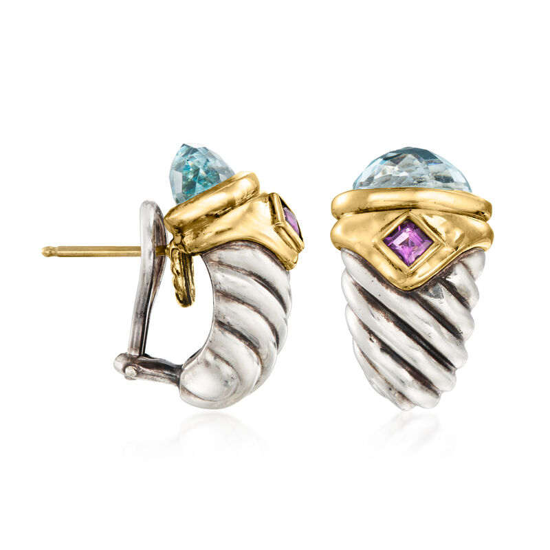 C. 1990 Vintage David Yurman 4.50 ct. t.w. Swiss Blue Topaz and .40 ct. t.w. Amethyst Earrings in Sterling Silver and 14kt Yellow Gold image number 2