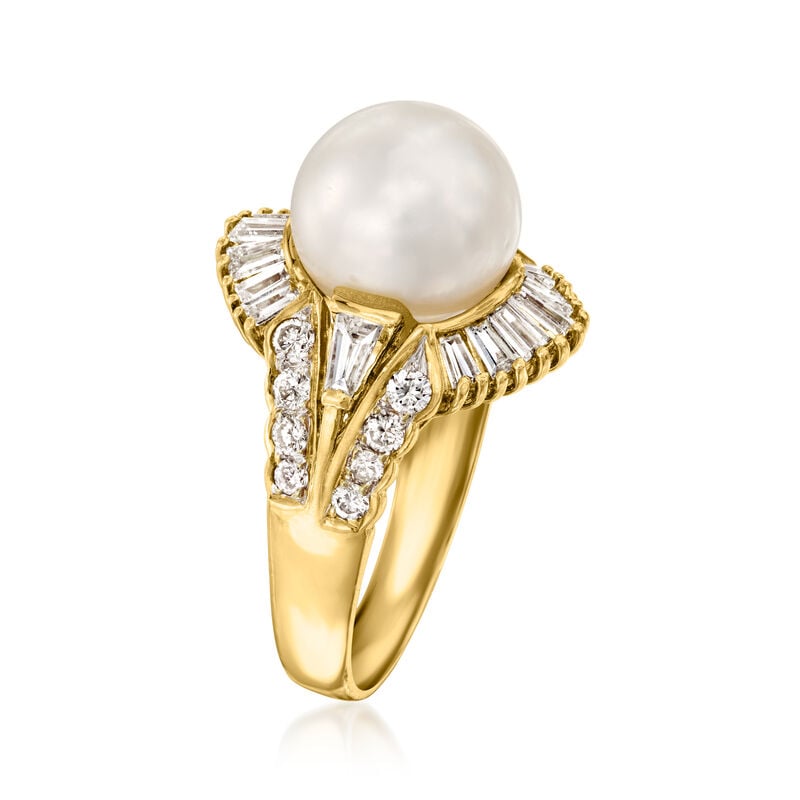 C. 1980 Vintage 10.5mm Cultured Pearl and 1.75 ct. t.w. Diamond Ring in 18kt Yellow Gold. Size 7 image number 2
