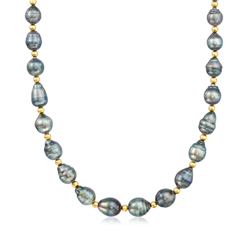 8-10mm Black Cultured Tahitian Pearl Necklace in 14kt Yellow Gold. 18&quot; image number 1