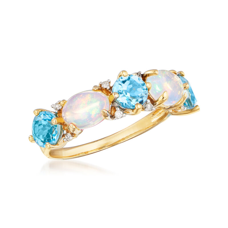 Opal and 1.80 ct. t.w. Swiss Blue Topaz Ring with Diamond Accents in 14kt Yellow Gold image number 3