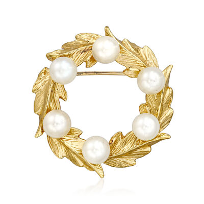 C. 1980 Vintage 5.5-6mm Cultured Pearl Leaf Circle Pin in 14kt Yellow Gold