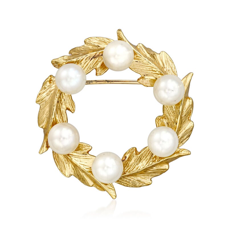 C. 1980 Vintage 5.5-6mm Cultured Pearl Leaf Circle Pin in 14kt Yellow Gold image number 0