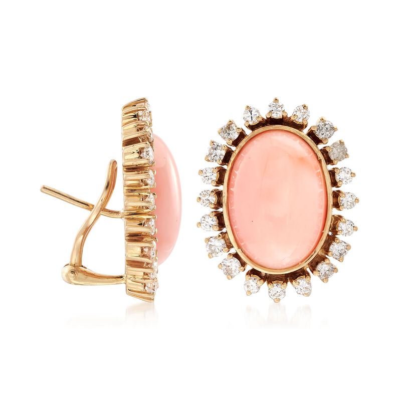 C. 1960 Vintage Pink Coral and 2.00 ct. t.w. Diamond Earrings in 18kt Yellow Gold image number 2