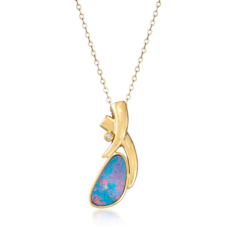 C. 1990 Vintage Opal Pendant Necklace with Diamond Accent in 14kt Yellow Gold image number 0