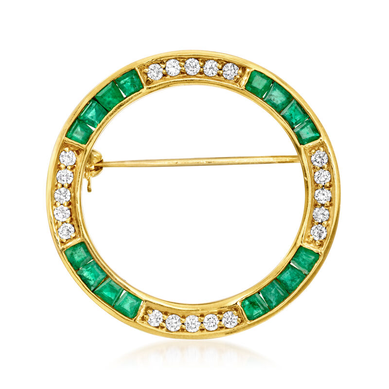 C. 1980 Vintage 1.60 ct. t.w. Emerald and .60 ct. t.w. Diamond Circle Pin in 18kt Yellow Gold image number 0