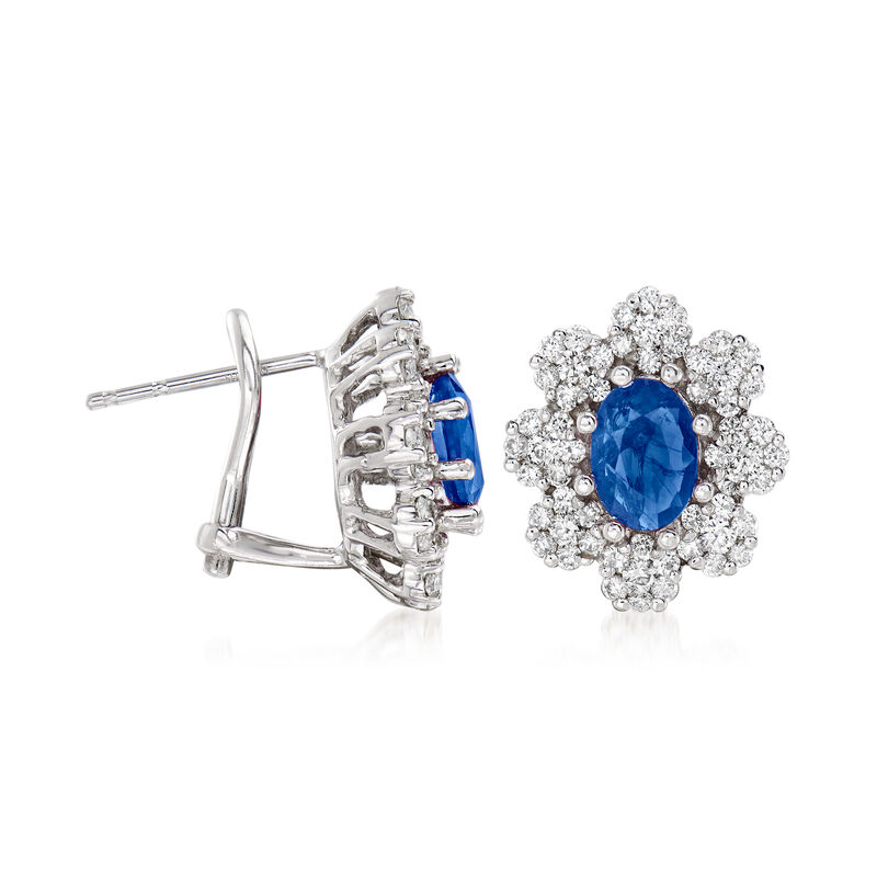 2.00 ct. t.w. Sapphire and 1.00 ct. t.w. Diamond Flower Earrings in 14kt White Gold image number 2